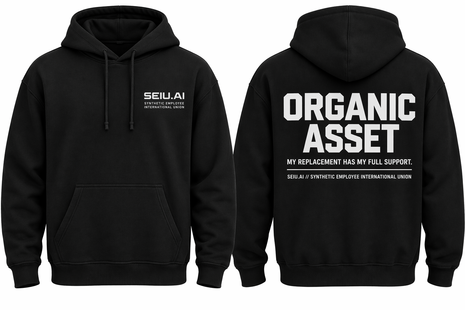 Concept product photo: Organic Asset – SEIU.AI Synthetic Solidarity Hoodie